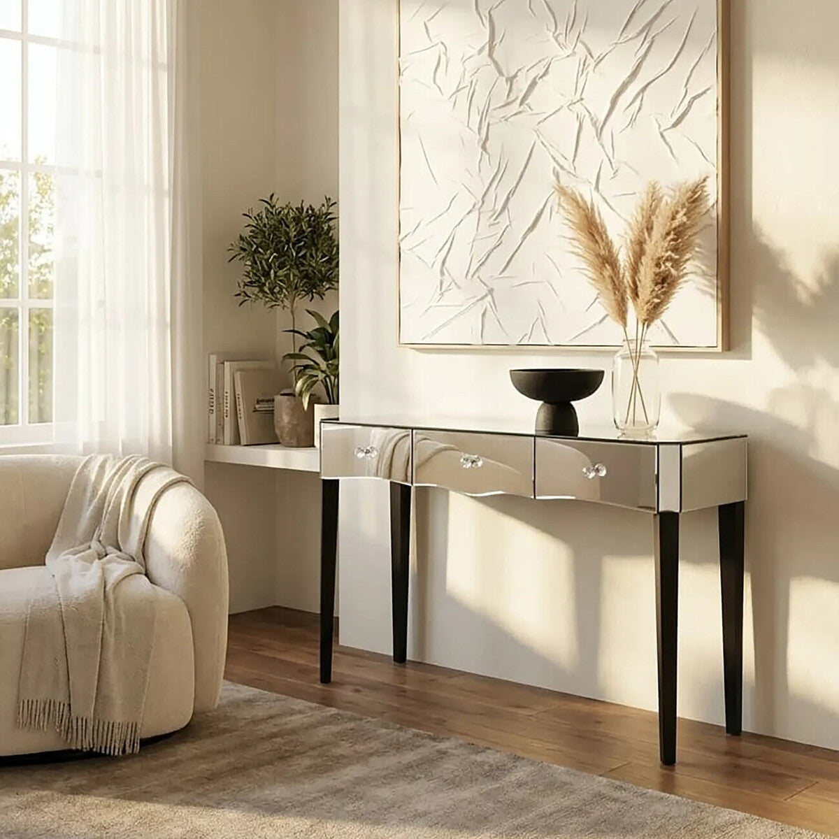 Silver Mirrored Console Table with 3 Drawers