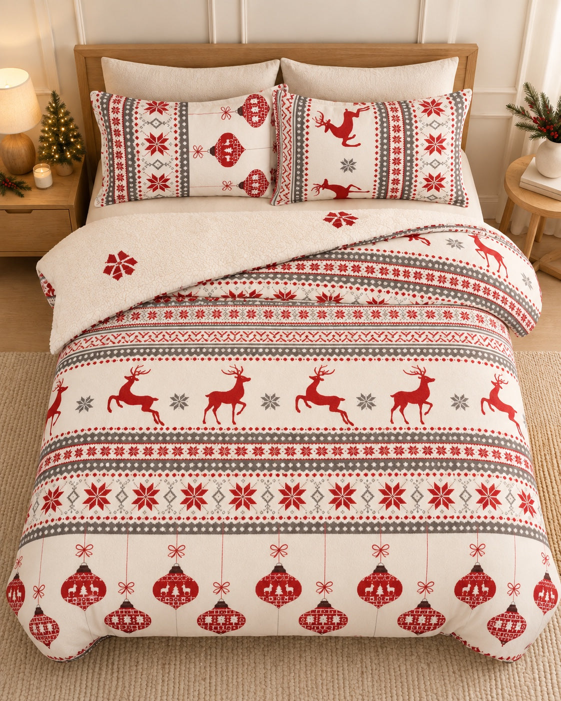 Cosy Christmas duvet cover set in the Nordic Reindeer design, styled in a warm neutral bedroom