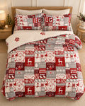 Cosy Christmas duvet cover set in the Christmas Patchwork design, styled in a warm neutral bedroom