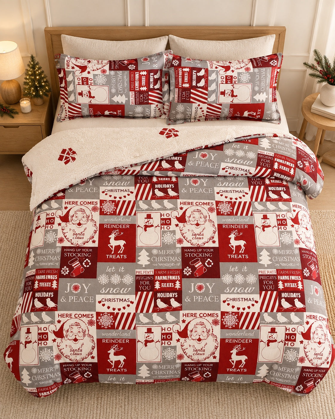 Cosy Christmas duvet cover set in the Christmas Patchwork design, styled in a warm neutral bedroom