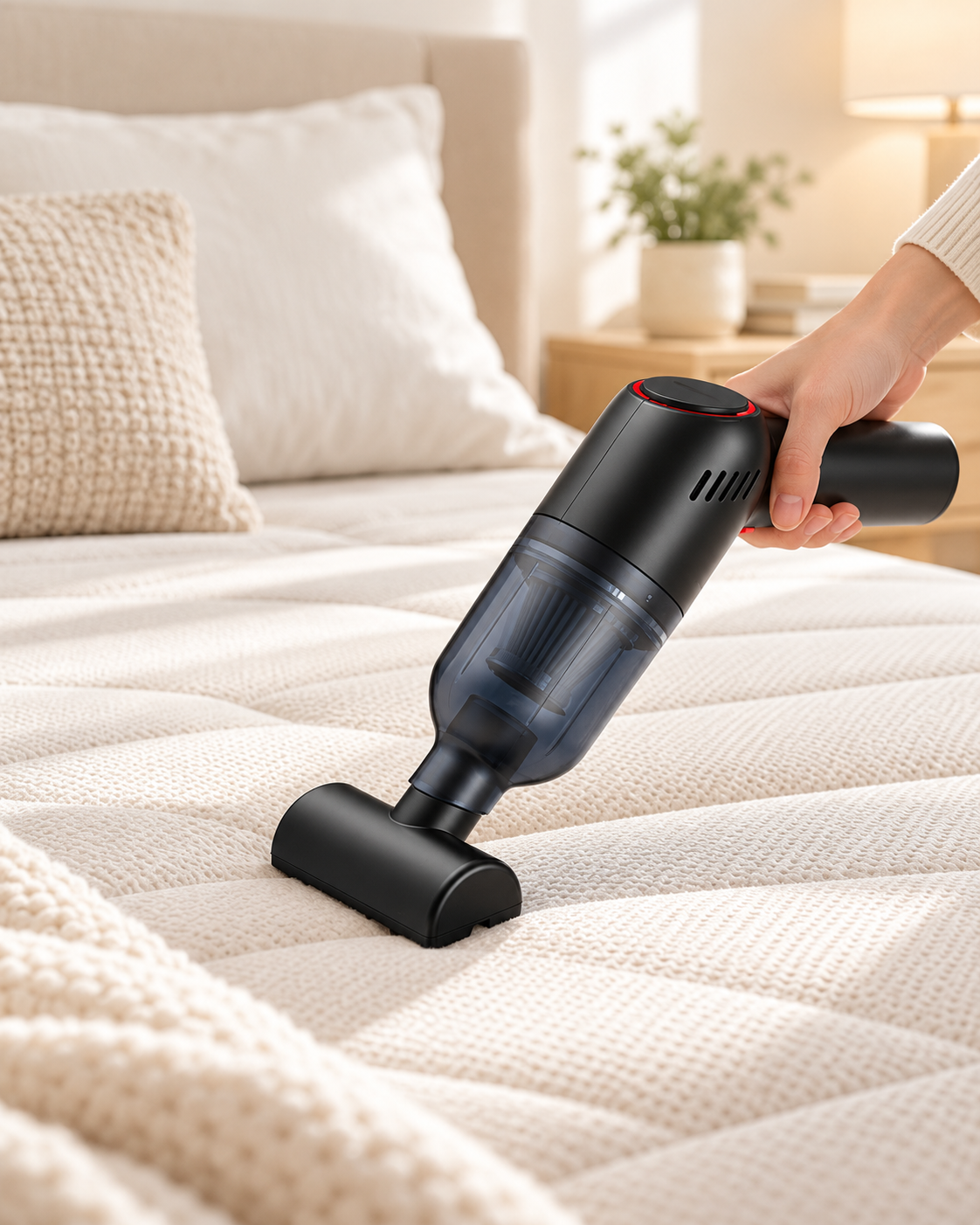 Hand using the Everyday Sofa & Mattress Vacuum to clean a mattress