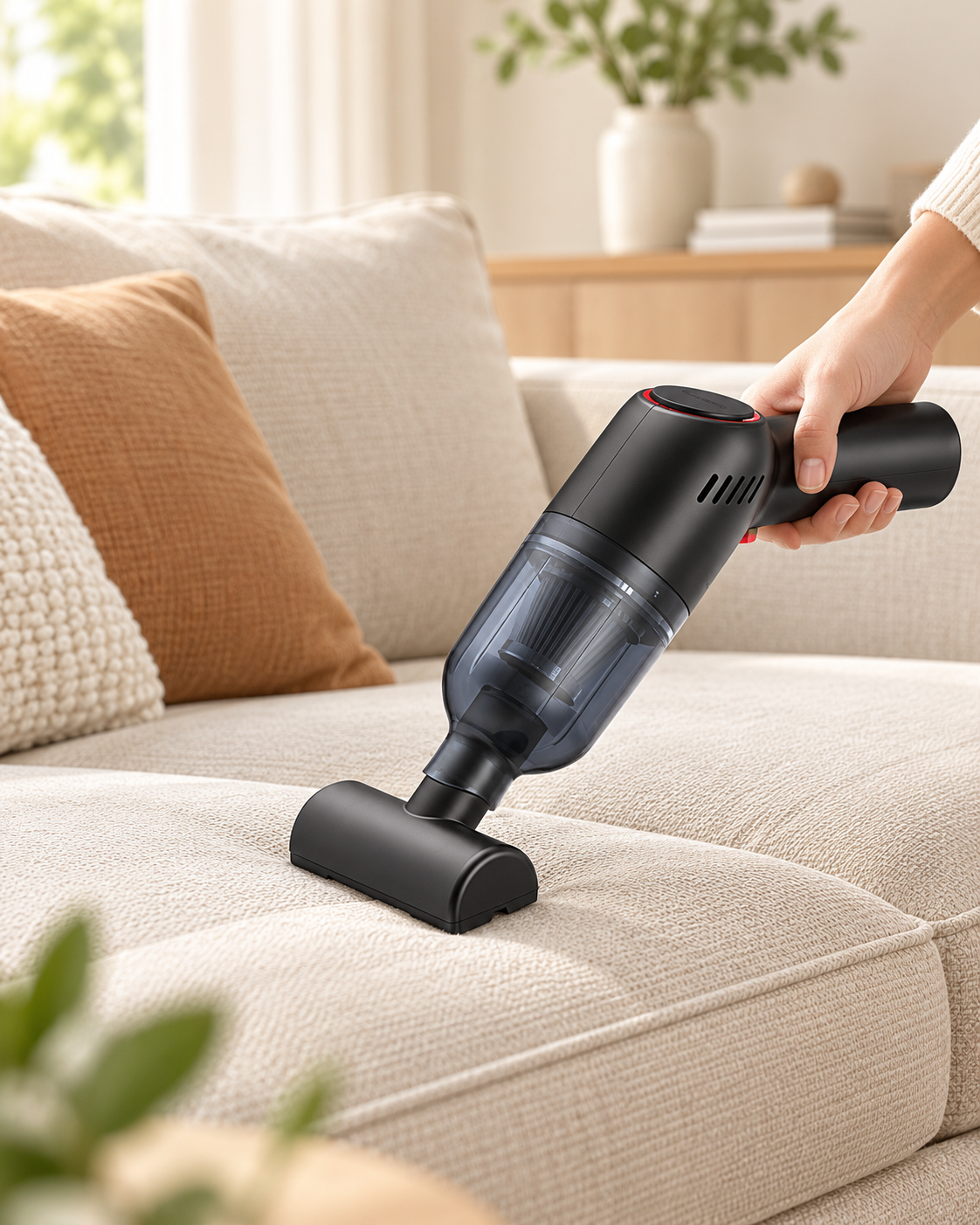 Hand using the Everyday Sofa & Mattress Vacuum to clean a light beige sofa