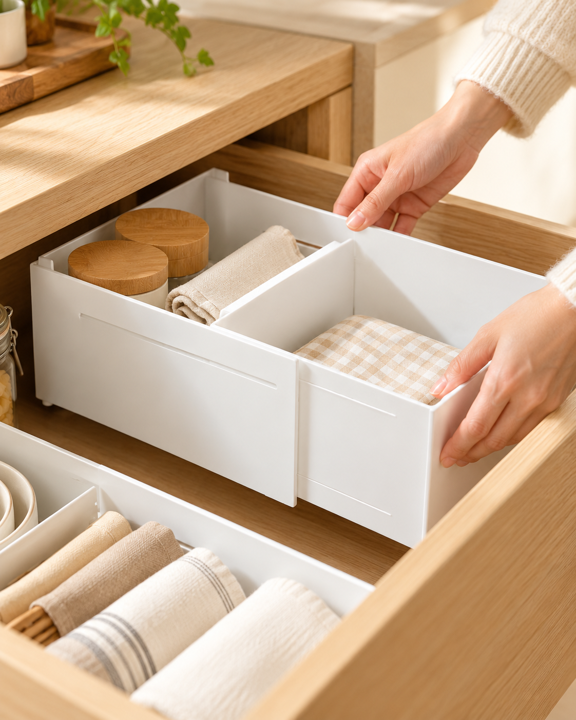 White expandable storage organiser being adjusted inside a light oak kitchen drawer