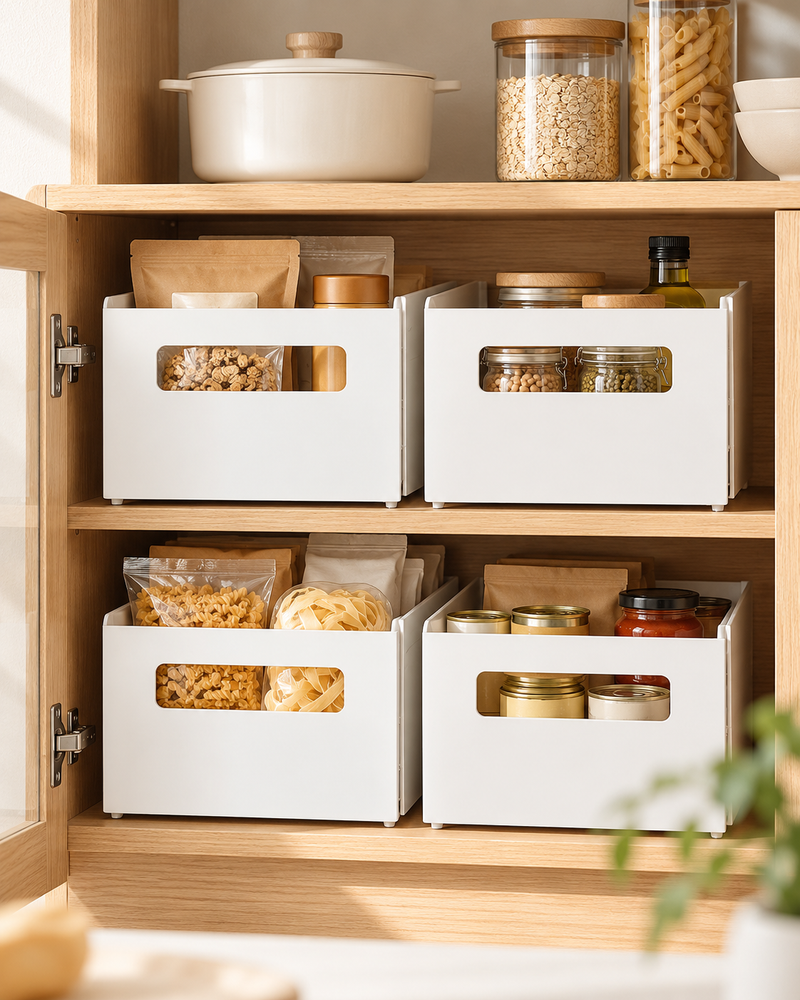 Expandable white kitchen storage organisers neatly arranged in a light oak pantry cabinet