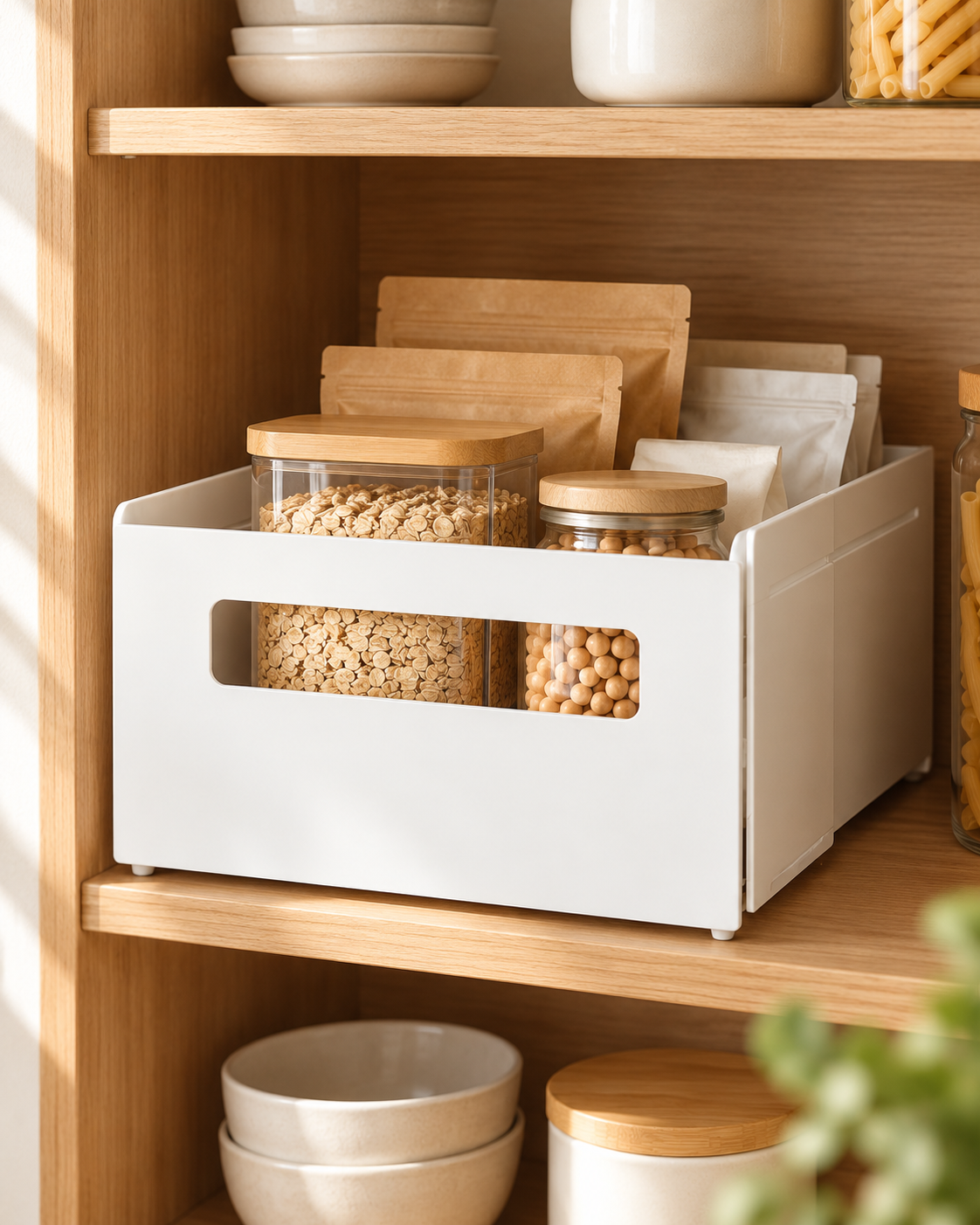 White expandable kitchen storage organiser with pantry essentials on a light oak shelf