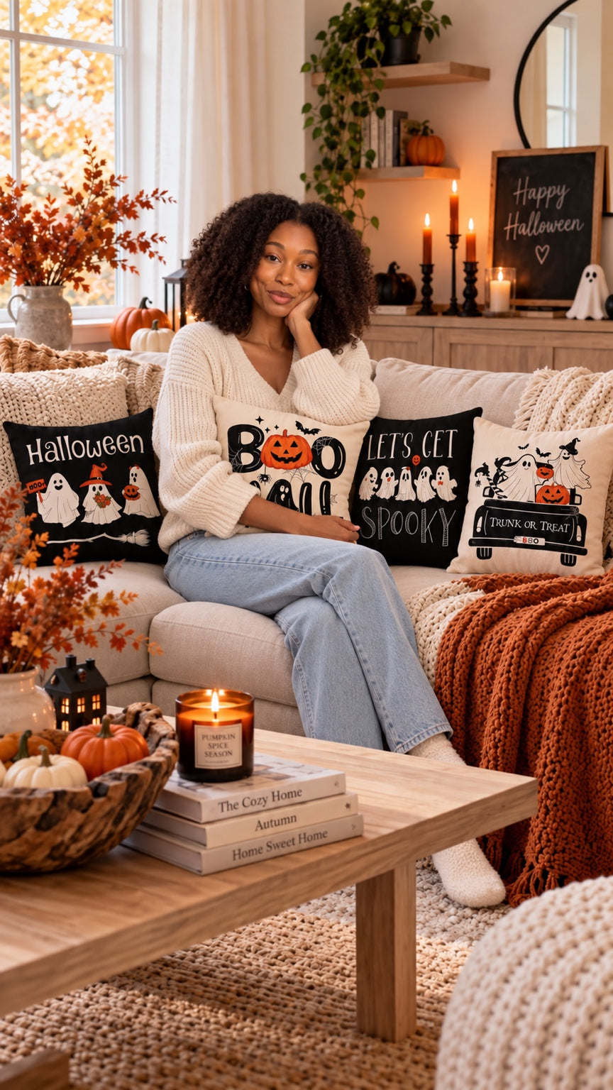 Halloween cushion covers styled on a cosy autumn sofa