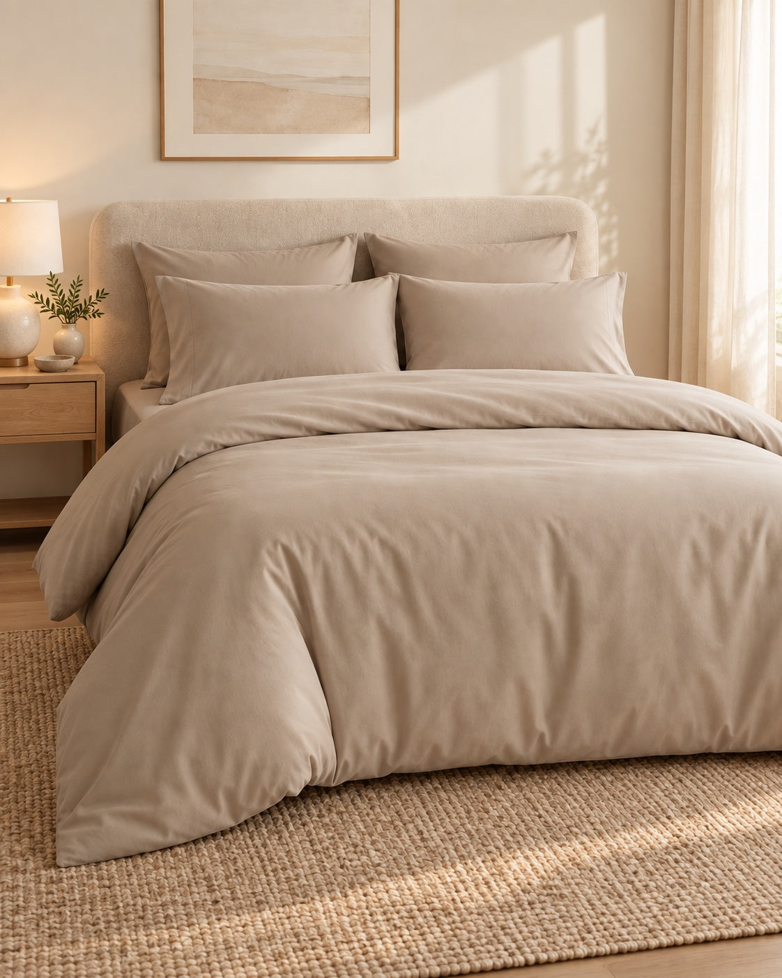 Serene Comfort duvet cover styled in a warm neutral bedroom