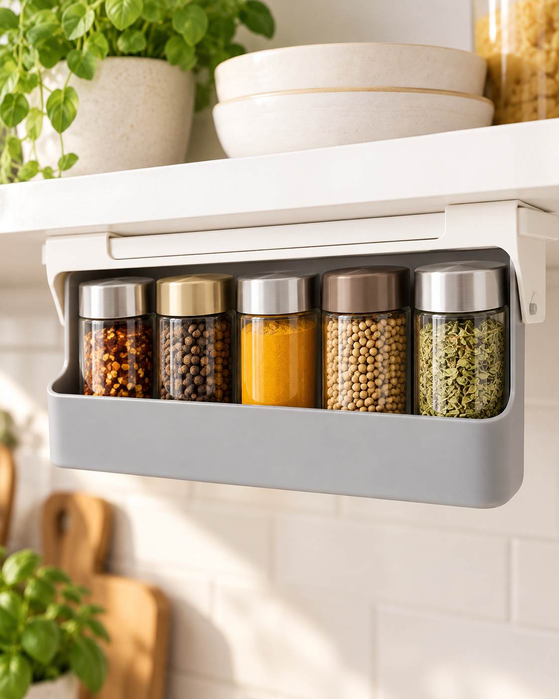 Close-up of under-shelf pull-out spice rack with five spice jars in a modern kitchen
