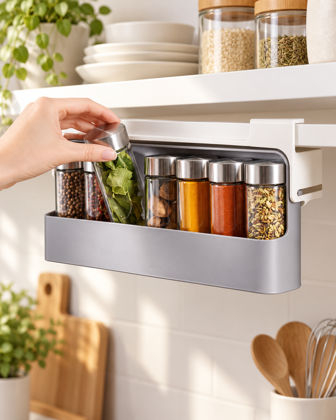 Under-shelf pull-out spice rack in a bright modern kitchen with a hand placing a spice jar