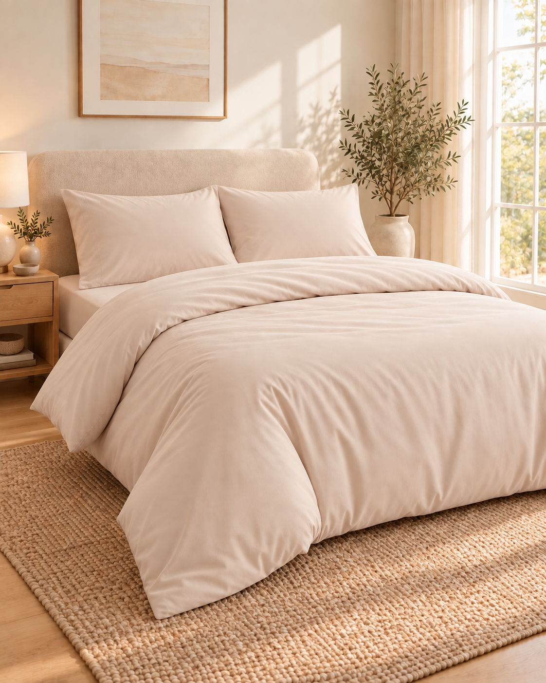 Warm Beige duvet cover set styled in a calm bedroom