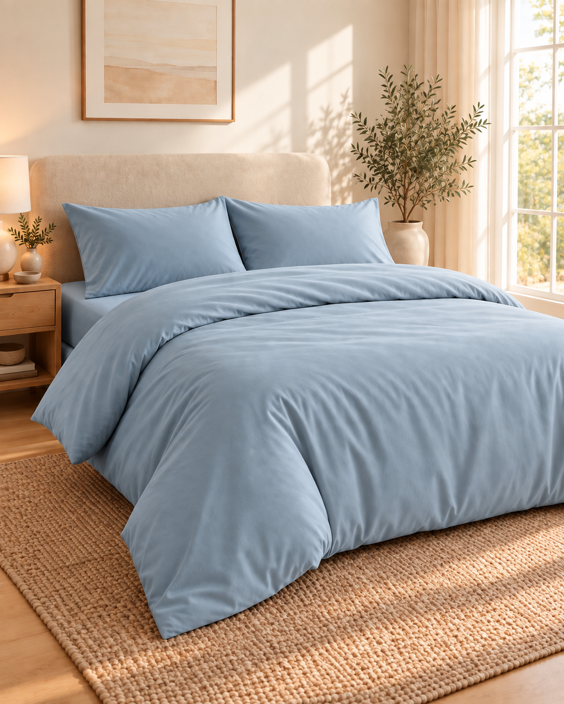 Soft Blue duvet cover set styled in a calm bedroom
