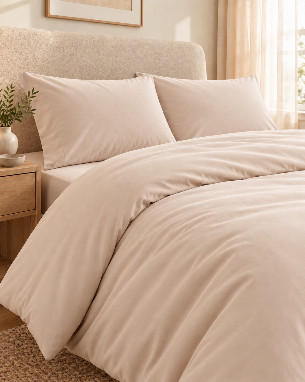 Warm Beige pillowcases and duvet cover — closer view of fabric and seams