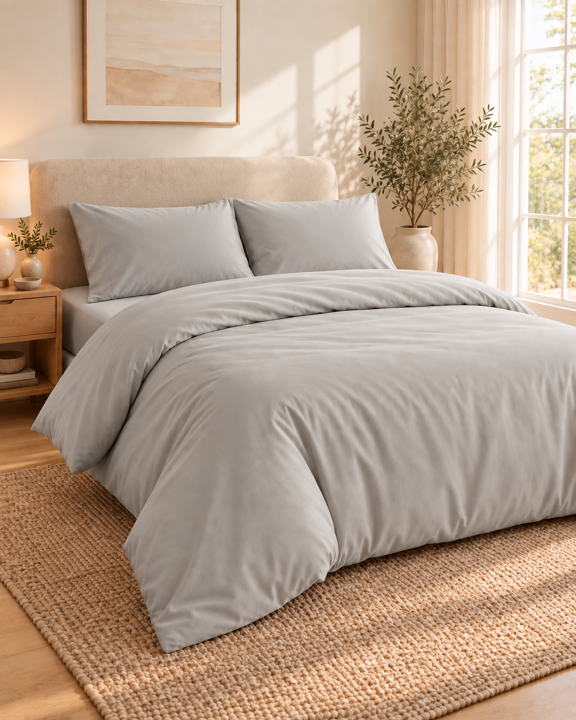 Silver Grey duvet cover set styled in a calm bedroom