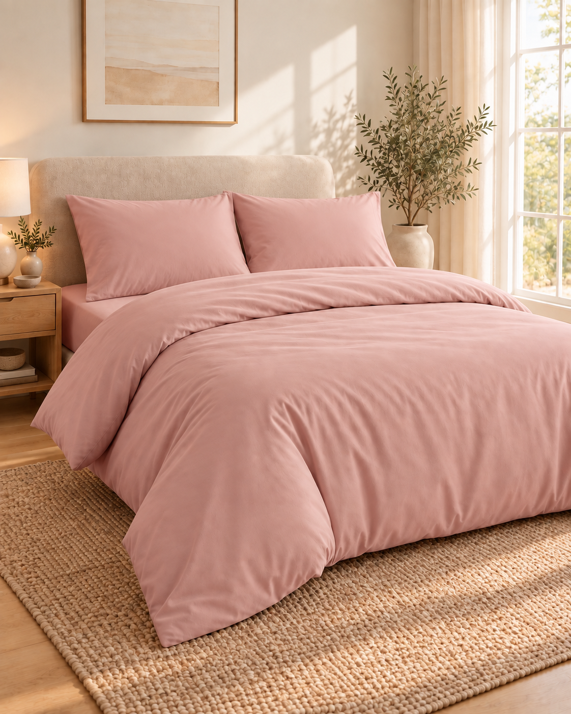 Dusty Rose duvet cover set styled in a calm bedroom