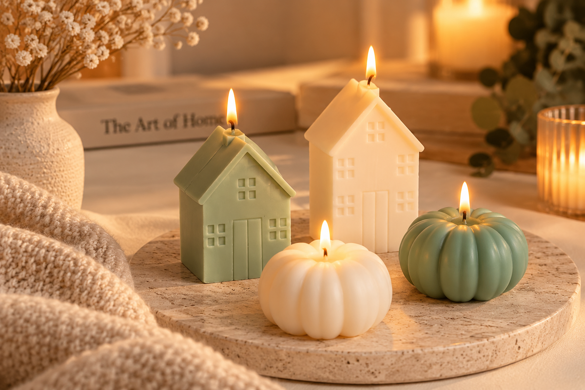 Gingerbread house and pumpkin candles in a warm neutral Arly Home setting