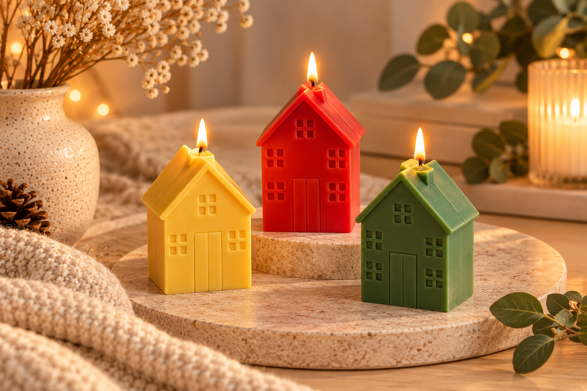 Red yellow and green gingerbread house candles in a warm neutral Arly Home setting